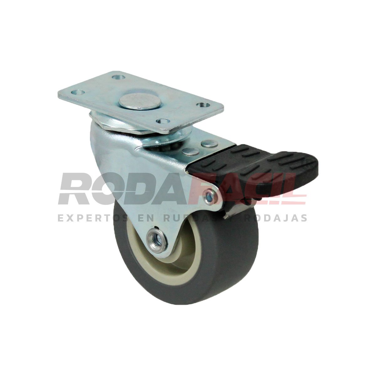 Rodaja giratoria de 2", rueda de hule termoplástico. freno frontal