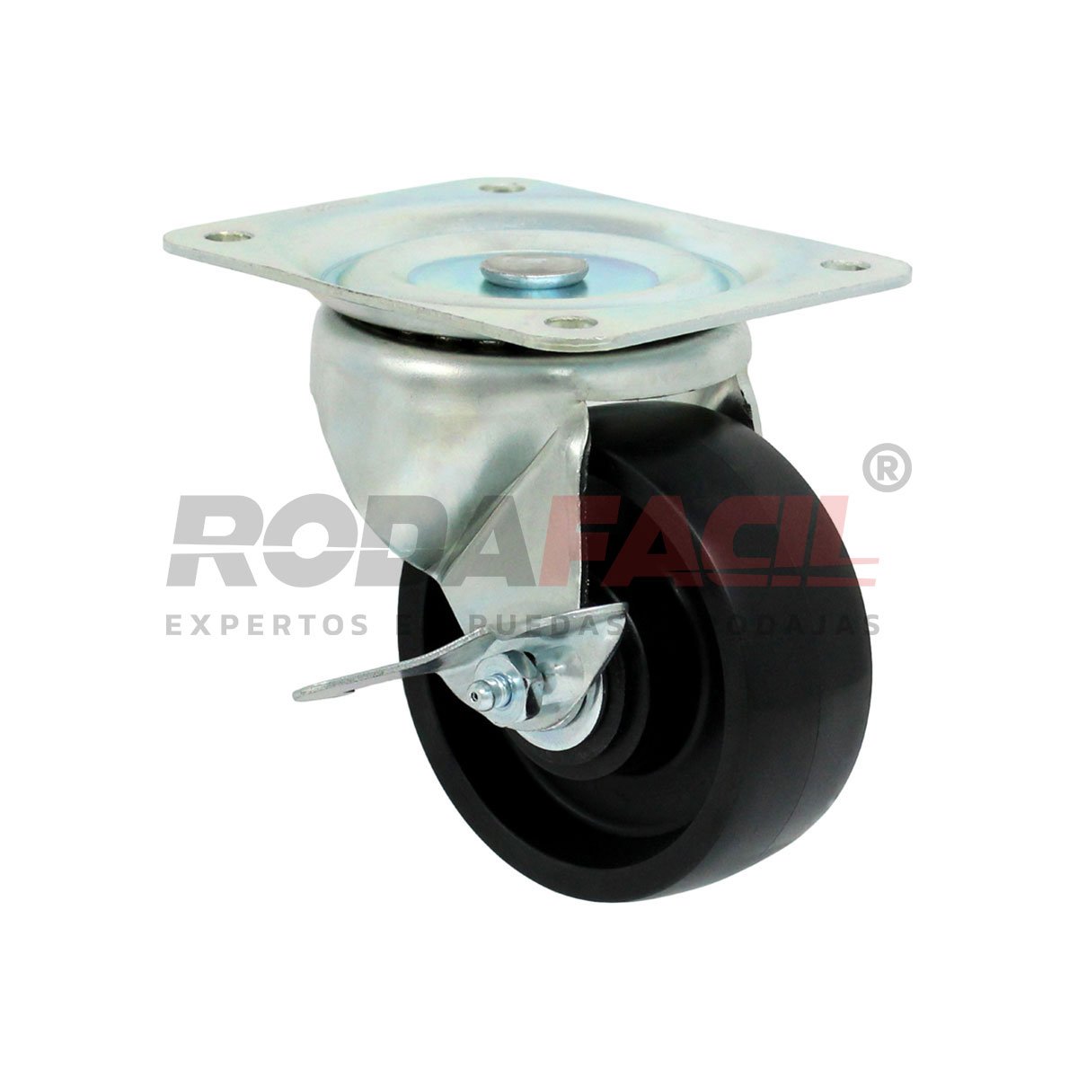 Rodaja giratoria de 4"con freno lateral, rueda de plástico, servicio ligero.