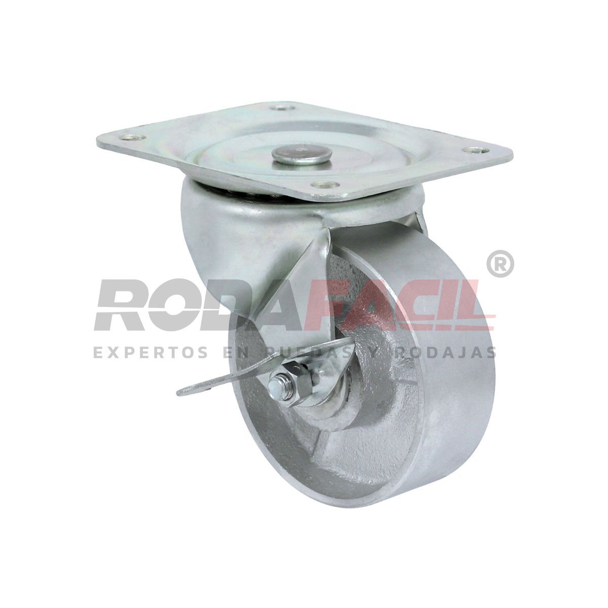 Rodaja giratoria de 4"con freno lateral, rueda de fierro servicio ligero.