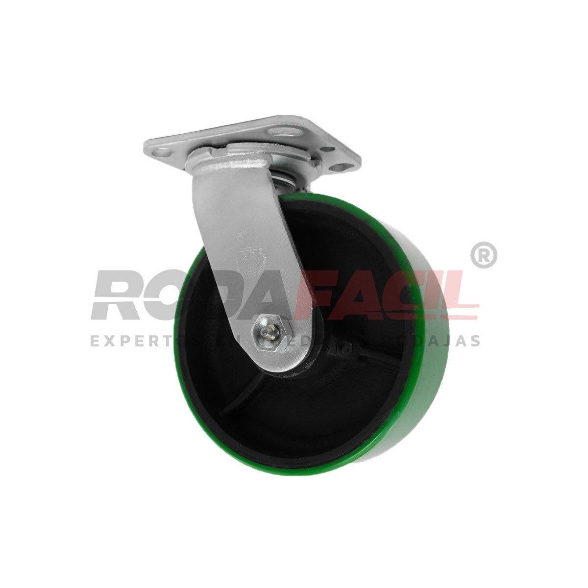 Rodaja giratoria de 6", rueda de Fierro/Poliuretano con balero de rodillos y buje. Acabado galvanizado. Servicio medio pesado
