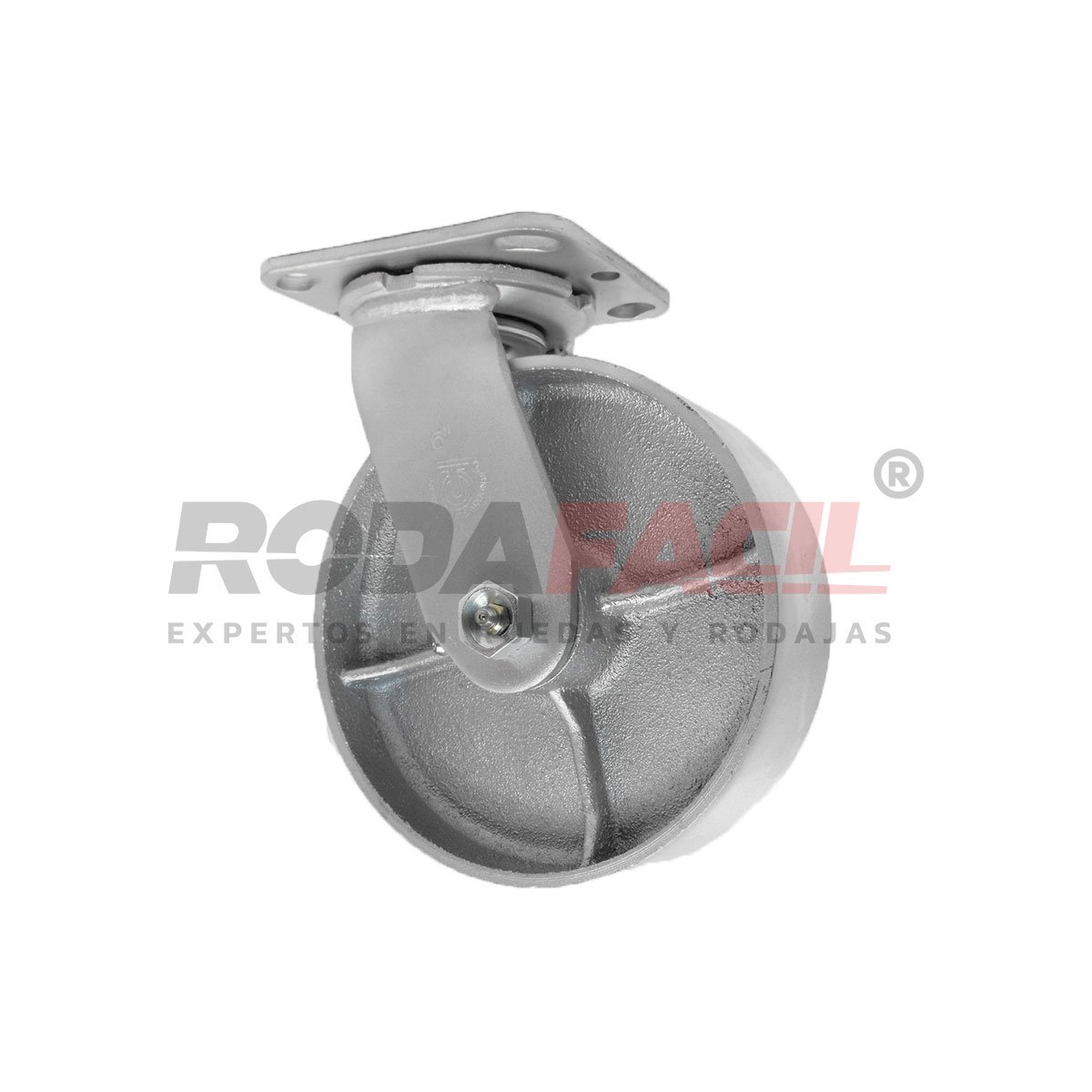 Rodaja Giratoria de 6", rueda de fierro con balero de rodillos y buje. Acabado galvanizado. Servicio medio pesado