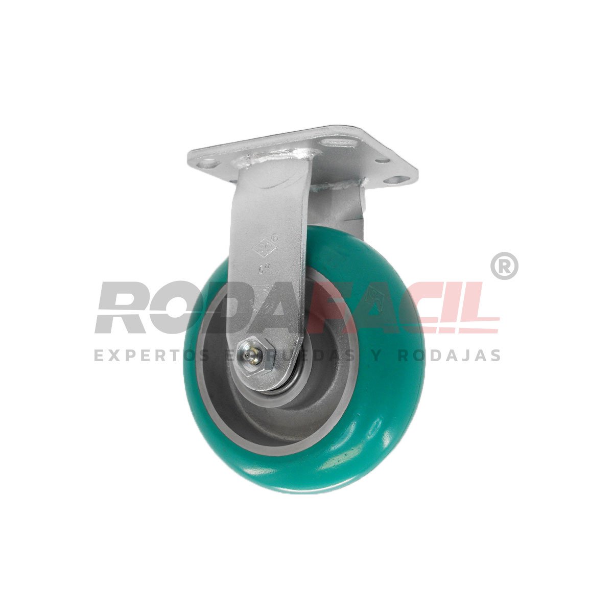 Rodaja Fija de 6", rueda de aluminio/poliuretano con balero de rodillos y buje. Acabado galvanizado. Servicio medio pesado