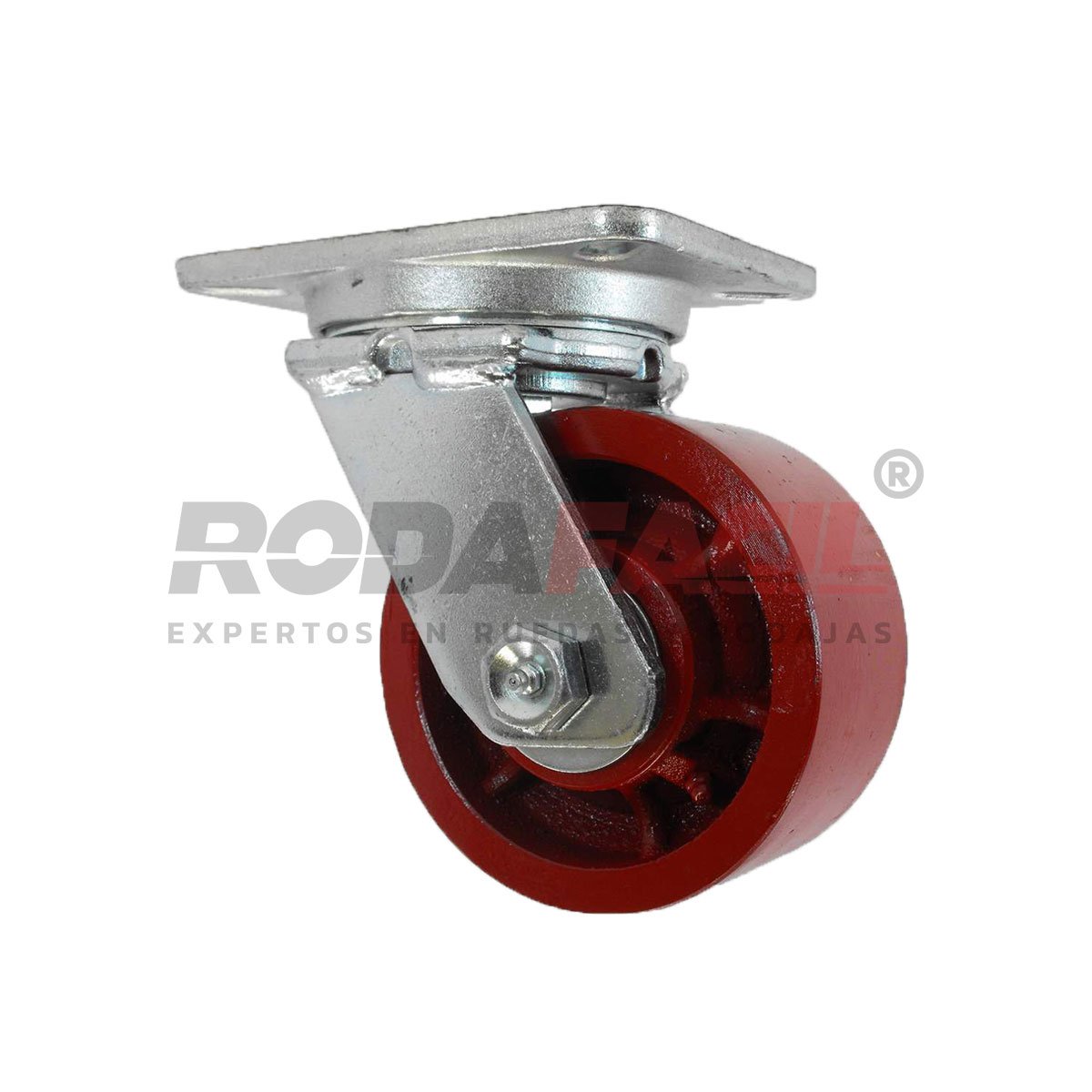 Rodaja giratoria de 6", rueda de fierro, con balero de rodillos y buje. Herraje galvanizado. Carga Pesada