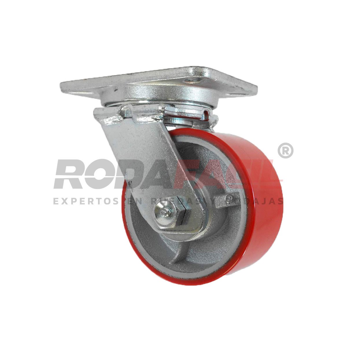 Rodaja giratoria de 6", rueda de fierro/poliuretano, con balero de rodillos y buje. Herraje galvanizado. Carga Pesada