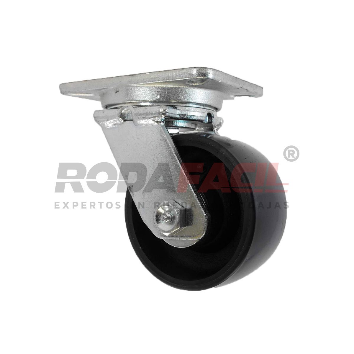 Rodaja giratoria de 6", rueda de fierro/poliuretano, con balero de rodillos y buje. Herraje galvanizado. Carga Pesada