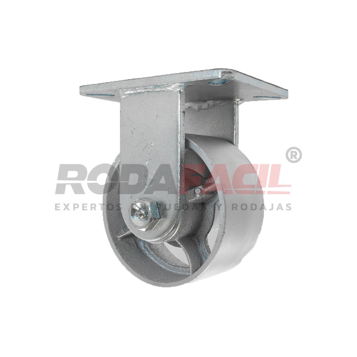 Rodaja fija de 6", rueda de fierro, con balero de rodillos y buje. Herraje galvanizado. Carga Pesada